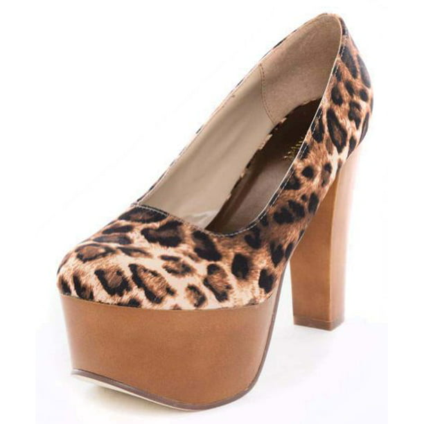 Tan Leopard Faux Suede High Stiletto Heel Almond Toe Platform Pump 7.5 us 